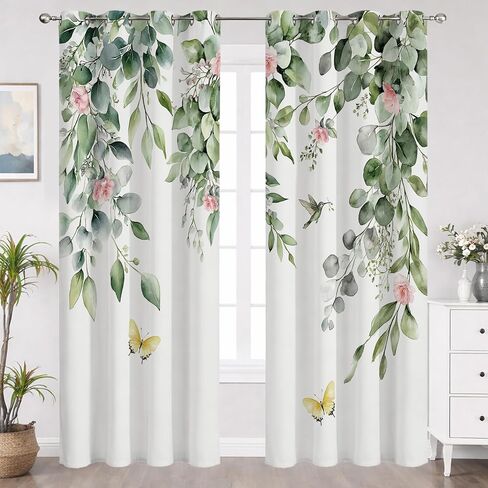 Pink and Green Eucalyptus Blackout Curtains Sage Green Leaf and Pink Flower Butterfly Window Curtain Nature Botanical Pattern Drapes for Living Room Bedroom Apartment Dorm Decor, 42X84 inches in Saudi Arabia
