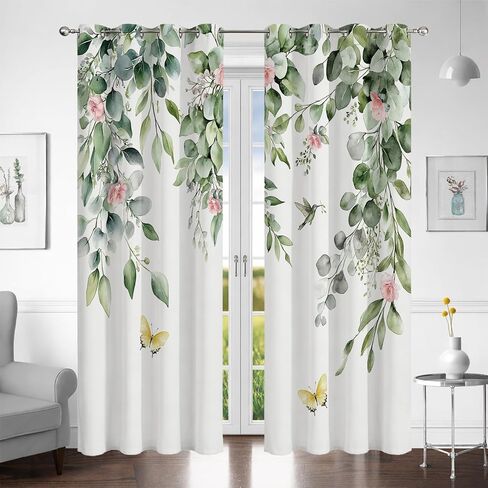 Pink and Green Eucalyptus Blackout Curtains Sage Green Leaf and Pink Flower Butterfly Window Curtain Nature Botanical Pattern Drapes for Living Room Bedroom Apartment Dorm Decor, 42X84 inches in Saudi Arabia