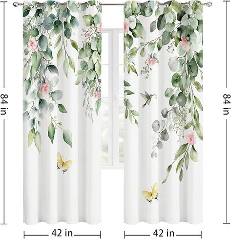 Pink and Green Eucalyptus Blackout Curtains Sage Green Leaf and Pink Flower Butterfly Window Curtain Nature Botanical Pattern Drapes for Living Room Bedroom Apartment Dorm Decor, 42X84 inches in Saudi Arabia
