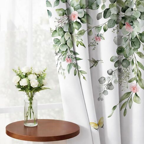 Pink and Green Eucalyptus Blackout Curtains Sage Green Leaf and Pink Flower Butterfly Window Curtain Nature Botanical Pattern Drapes for Living Room Bedroom Apartment Dorm Decor, 42X84 inches in Saudi Arabia