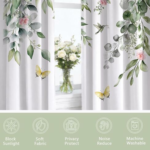 Pink and Green Eucalyptus Blackout Curtains Sage Green Leaf and Pink Flower Butterfly Window Curtain Nature Botanical Pattern Drapes for Living Room Bedroom Apartment Dorm Decor, 42X84 inches in Saudi Arabia