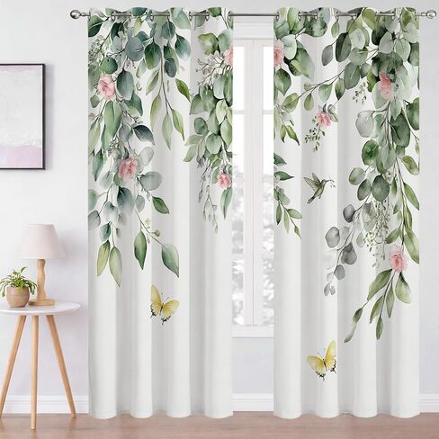 Pink and Green Eucalyptus Blackout Curtains Sage Green Leaf and Pink Flower Butterfly Window Curtain Nature Botanical Pattern Drapes for Living Room Bedroom Apartment Dorm Decor, 42X84 inches in Saudi Arabia