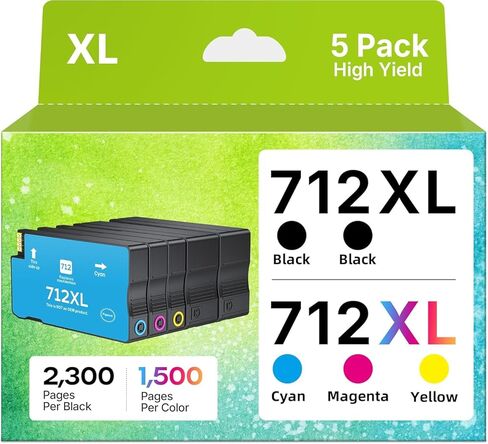 712XL 712 Ink Cartridges 5 Pack High Yield Replacement for HP 712 XL 712 Ink for DesignJet T210 T630 T650 T250 T230 Studio Plotter Printers (2 Black,1 Cyan,1 Magenta,1 Yellow) in Kuwait