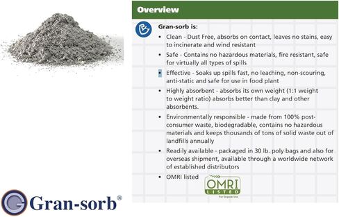 Gran-sorb Sorbent Granules Universal Granular Absorbent - Absorbs Oil & Water-Based Liquids, Solvents, Coolants, Petrochemicals - Absorbs Up to 4 Gallons, 30 lb. Bag - Pack of 1 in Saudi Arabia