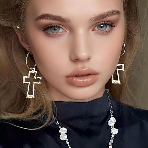 Gold Hoop Earrings Chunky Earrings Cross Earrings Lightweight Drop Dangle Huggie Hoop Earrings for Women Vintage Statement Jewelry in Kuwait