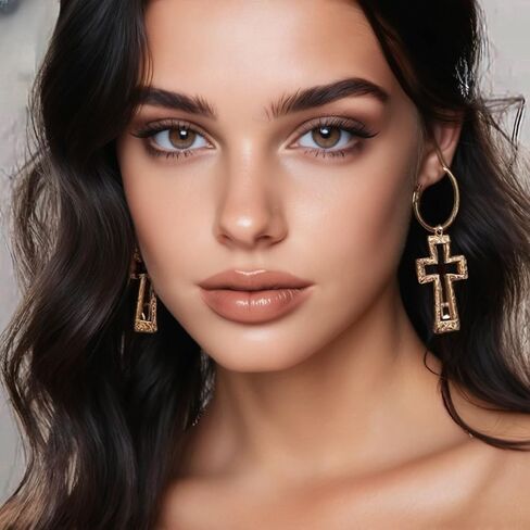 Gold Hoop Earrings Chunky Earrings Cross Earrings Lightweight Drop Dangle Huggie Hoop Earrings for Women Vintage Statement Jewelry in Kuwait