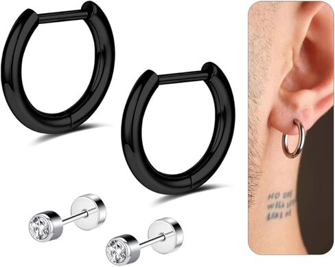 G23 Implant Grade Titanium Hoop Earrings for Sensitive Ears, Hypoallergenic Small Huggie Hoops 8mm 10mm 12mm, Hinged Sleeper Cartilage Earrings Flatback Stud for Women Men (Silver/Black/Gold) in Saudi Arabia
