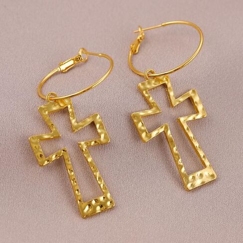 Gold Hoop Earrings Chunky Earrings Cross Earrings Lightweight Drop Dangle Huggie Hoop Earrings for Women Vintage Statement Jewelry in Kuwait