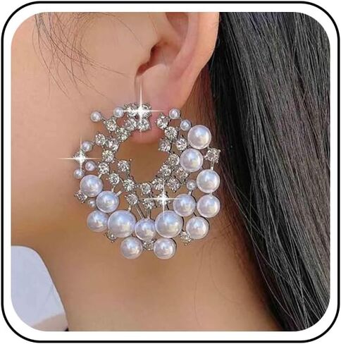 Boho Multi Cz Flower Pearl Stud Earrings Silver Cluster Crystal Pearl Hoop Earring Cz Pearls Cluster Earring Round White Bead Earrings Bridal Pearls Earrings Jewelry for Women in Saudi Arabia