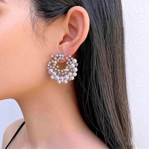 Boho Multi Cz Flower Pearl Stud Earrings Silver Cluster Crystal Pearl Hoop Earring Cz Pearls Cluster Earring Round White Bead Earrings Bridal Pearls Earrings Jewelry for Women in Saudi Arabia
