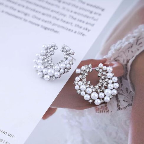 Boho Multi Cz Flower Pearl Stud Earrings Silver Cluster Crystal Pearl Hoop Earring Cz Pearls Cluster Earring Round White Bead Earrings Bridal Pearls Earrings Jewelry for Women in Saudi Arabia