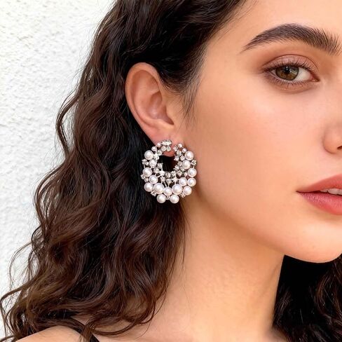 Boho Multi Cz Flower Pearl Stud Earrings Silver Cluster Crystal Pearl Hoop Earring Cz Pearls Cluster Earring Round White Bead Earrings Bridal Pearls Earrings Jewelry for Women in Saudi Arabia