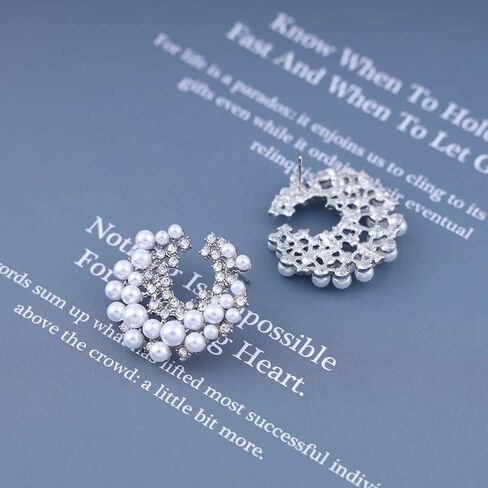 Boho Multi Cz Flower Pearl Stud Earrings Silver Cluster Crystal Pearl Hoop Earring Cz Pearls Cluster Earring Round White Bead Earrings Bridal Pearls Earrings Jewelry for Women in Saudi Arabia