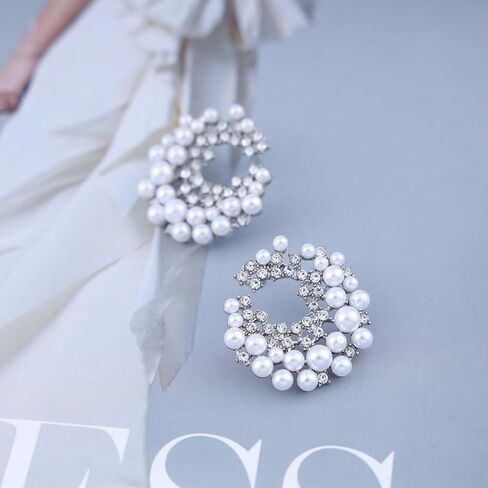 Boho Multi Cz Flower Pearl Stud Earrings Silver Cluster Crystal Pearl Hoop Earring Cz Pearls Cluster Earring Round White Bead Earrings Bridal Pearls Earrings Jewelry for Women in Saudi Arabia