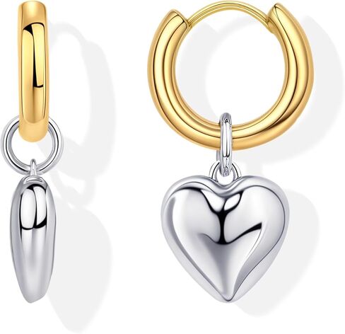 Chunky 14K Gold Plated and Silver Huggie Hoop Earrings For Women - Mixed Metal Two Tone Heart Dangle Earrings for Women Love Jewelry For Gift in Kuwait