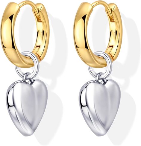 Chunky 14K Gold Plated and Silver Huggie Hoop Earrings For Women - Mixed Metal Two Tone Heart Dangle Earrings for Women Love Jewelry For Gift in Kuwait