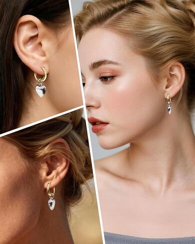 Chunky 14K Gold Plated and Silver Huggie Hoop Earrings For Women - Mixed Metal Two Tone Heart Dangle Earrings for Women Love Jewelry For Gift in Kuwait