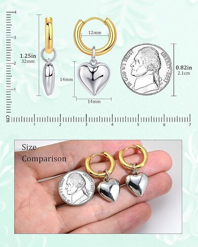 Chunky 14K Gold Plated and Silver Huggie Hoop Earrings For Women - Mixed Metal Two Tone Heart Dangle Earrings for Women Love Jewelry For Gift in Kuwait