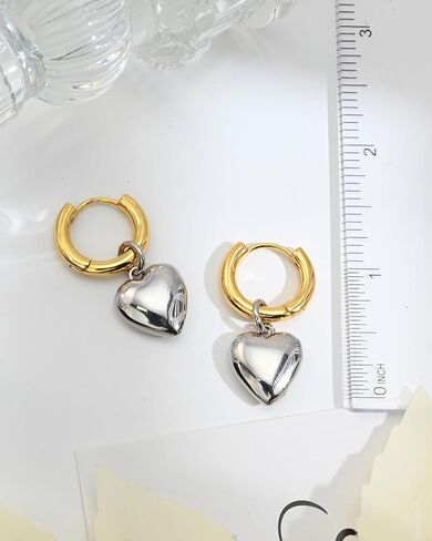 Chunky 14K Gold Plated and Silver Huggie Hoop Earrings For Women - Mixed Metal Two Tone Heart Dangle Earrings for Women Love Jewelry For Gift in Kuwait