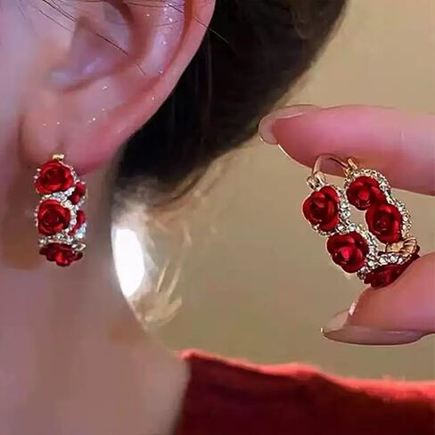 Romantic Rose Flower Hoop Earrings for Women Sparkling Rhinestone Floral Earrings Wedding Party Jewelry in Saudi Arabia