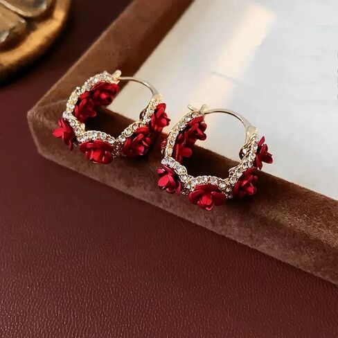 Romantic Rose Flower Hoop Earrings for Women Sparkling Rhinestone Floral Earrings Wedding Party Jewelry in Saudi Arabia