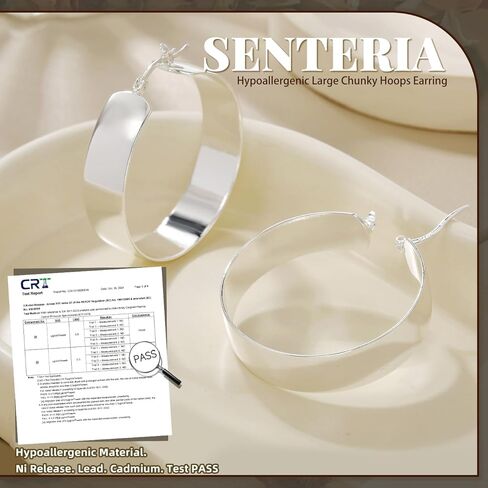 أقراط حلقية من الفضة الإسترلينية عيار 925 للنساء من Senteria أقراط حلقية فضية مكتنزة مضادة للحساسية خفيفة الوزن كبيرة وسميكة من الفضة للنساء (50 مم) in Kuwait