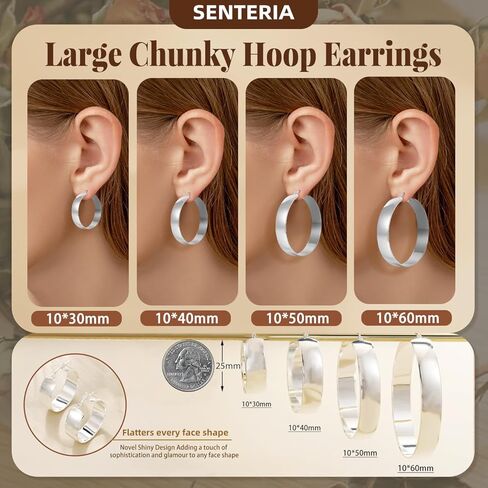 أقراط حلقية من الفضة الإسترلينية عيار 925 للنساء من Senteria أقراط حلقية فضية مكتنزة مضادة للحساسية خفيفة الوزن كبيرة وسميكة من الفضة للنساء (50 مم) in Kuwait