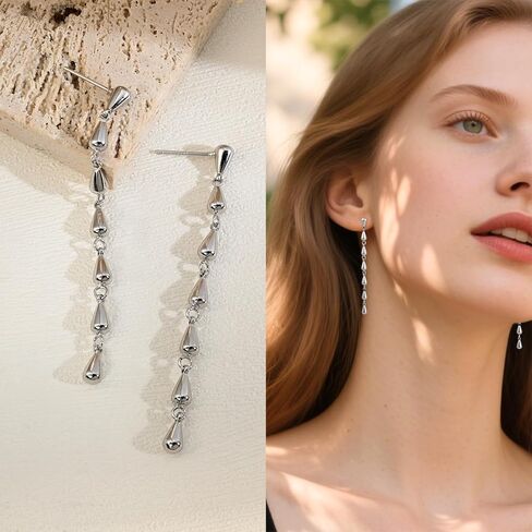 925 Sterling Silver Teardrop Chain Dangle Stud Long Drop Minimalist Simple Earrings for Women in Kuwait