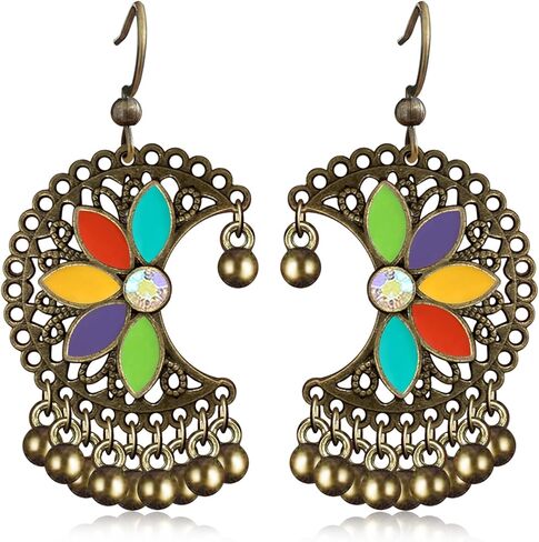 Handmade Vintage Copper Flower Dangle Drop Earrings Tribal Enamel Floral Moon Beaded Hook Earrings For Women in Saudi Arabia