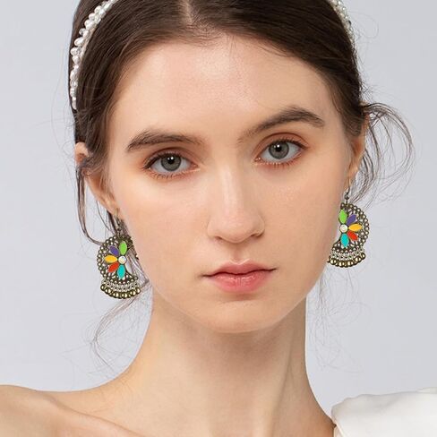 Handmade Vintage Copper Flower Dangle Drop Earrings Tribal Enamel Floral Moon Beaded Hook Earrings For Women in Saudi Arabia