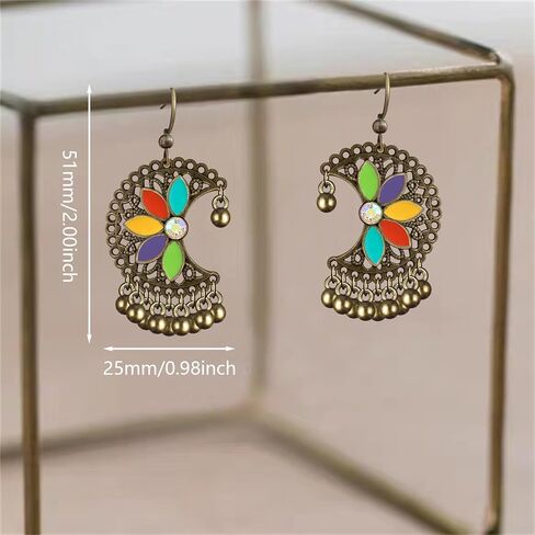 Handmade Vintage Copper Flower Dangle Drop Earrings Tribal Enamel Floral Moon Beaded Hook Earrings For Women in Saudi Arabia