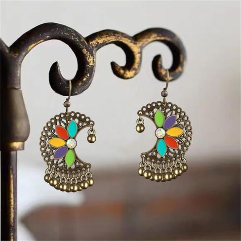 Handmade Vintage Copper Flower Dangle Drop Earrings Tribal Enamel Floral Moon Beaded Hook Earrings For Women in Saudi Arabia