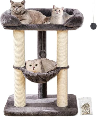 Happi N Pets 28 "Tree Tower Tower للقطط الداخلية ، طويل القطط الخدش مع سرير كبير للقطط الكبيرة Maine Coon ، Sisal Cat Scratcher مع جثم ناعم وأرجوحة ، حامل قط مستقر ، رمااء قابلة للإزالة. in Kuwait