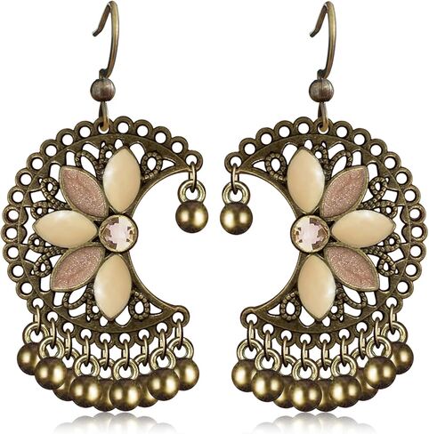 Handmade Vintage Copper Flower Dangle Drop Earrings Tribal Enamel Floral Moon Beaded Hook Earrings For Women in Saudi Arabia