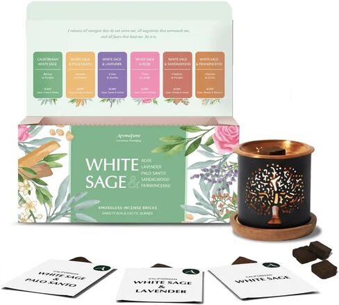 White Sage Incense Brick Gift Set by Aromafume | 12 Bricks & Tree of Life Exotic Burner | White Sage with Rose, Lavender, Palo Santo, Sandalwood, Frankincense | Sage for Cleansing, Smokeless Smudging in Saudi Arabia