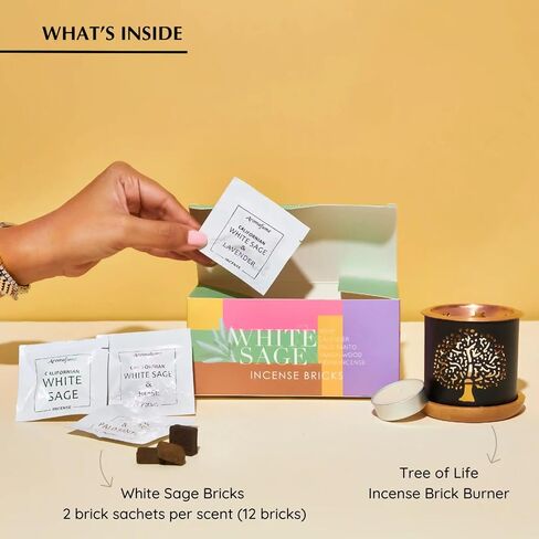 White Sage Incense Brick Gift Set by Aromafume | 12 Bricks & Tree of Life Exotic Burner | White Sage with Rose, Lavender, Palo Santo, Sandalwood, Frankincense | Sage for Cleansing, Smokeless Smudging in Saudi Arabia