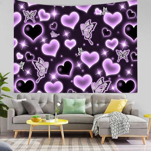 MEETSIOY لطيف الأرجواني القلب نسيج الخيال الأسود فراشة الجمالية نسيج الهبي 2000s Y2K في سن المراهقة الفتيات المفروشات الجدار شنقا للنساء الحضانة غرفة نوم غرفة المعيشة غرفة نوم الكلية النوم in Kuwait