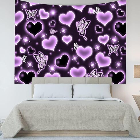 MEETSIOY لطيف الأرجواني القلب نسيج الخيال الأسود فراشة الجمالية نسيج الهبي 2000s Y2K في سن المراهقة الفتيات المفروشات الجدار شنقا للنساء الحضانة غرفة نوم غرفة المعيشة غرفة نوم الكلية النوم in Kuwait