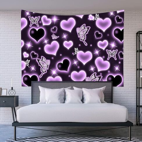 MEETSIOY لطيف الأرجواني القلب نسيج الخيال الأسود فراشة الجمالية نسيج الهبي 2000s Y2K في سن المراهقة الفتيات المفروشات الجدار شنقا للنساء الحضانة غرفة نوم غرفة المعيشة غرفة نوم الكلية النوم in Kuwait