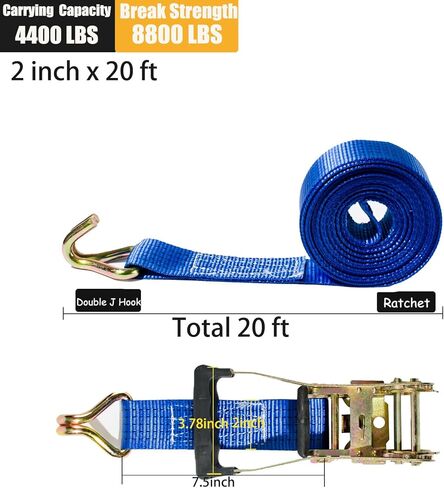 4 عبوات من أشرطة السقاطة مقاس 5.08 سم شديدة التحمل، قوة كسر 8800 رطل، أشرطة ربط بطول 20 قدمًا مع خطاف J مزدوج، أشرطة سقاطة للشحن للشاحنة والمقطورات والدراجات النارية in Kuwait