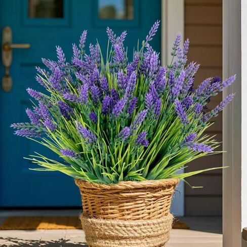 12 Bundles Artificial Plants Outdoor, UV Resistant Lavender Flowers Artificial Plastic Fake Lavender with Monkey Grass for Garden Porch Patio Yard Window Box Planter Decor(Grass with Purple Flowers) in Kuwait