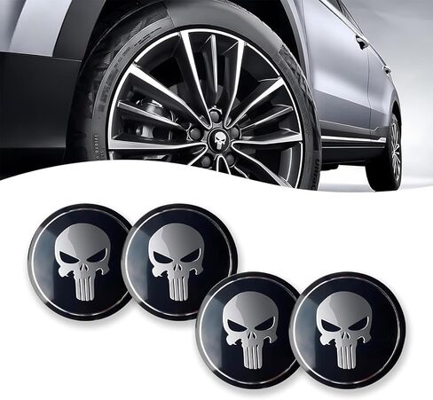 4 PCS Car Wheel Hub Center Cap Stick, Scratch-Proof Skull Emblems Center Caps for Rims, Universal Wheel Center Caps Sticker Decoration, for Most Cars Wheel Accessories (Black) in Kuwait