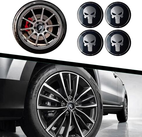 4 PCS Car Wheel Hub Center Cap Stick, Scratch-Proof Skull Emblems Center Caps for Rims, Universal Wheel Center Caps Sticker Decoration, for Most Cars Wheel Accessories (Black) in Kuwait