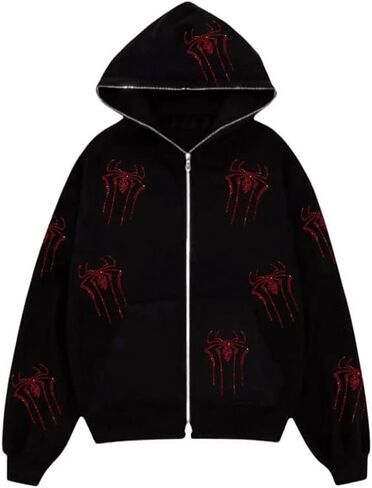 CEINOM أحجار الراين الأحمر العنكبوت Y2k هوديي الرجال النساء كامل زمم هوديي المتضخم سترة سوداء القوطية الشرير بلوزات in Kuwait