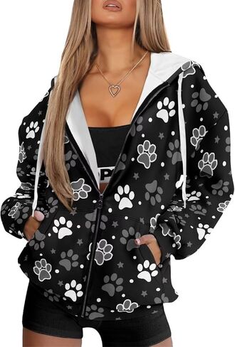 سترة نسائية فضفاضة ذات قلنسوة وأكمام طويلة، سترة رياضية بكتف منسدل وسحاب كامل مع جيوب in Kuwait