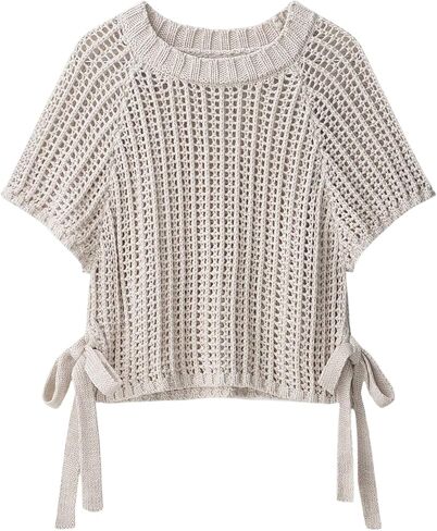 WDIRARA Women's Tie Side Hollow Out Crochet Sweater Short Sleeve Crew Neck Pullovers Knit Tops in Saudi Arabia