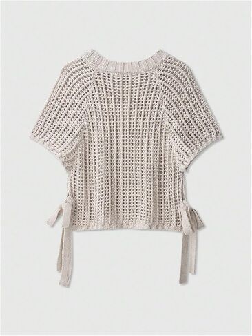 WDIRARA Women's Tie Side Hollow Out Crochet Sweater Short Sleeve Crew Neck Pullovers Knit Tops in Saudi Arabia