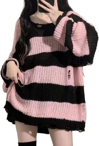 Y2K كنزات نسائية مخططة باللون الوردي هاراجوكو سترة محبوكة سوداء عتيقة الجرونج فتحة مثيرة مجوفة فضفاضة كل مباراة القمم in Kuwait