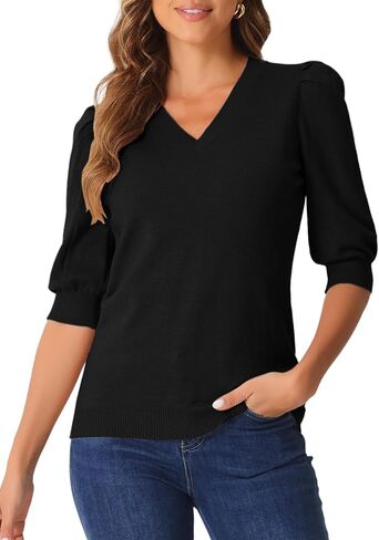 Allegra K Sweater Tops for Women Puff Short Sleeve V Neck Trendy Business Casual Summer t Shirt Blouses in Saudi Arabia
