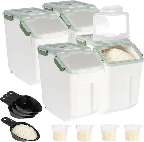 4 حزمة 25 رطل موزع الأرز محكم محكم الدقيق حامل 15 رطل حاوية تخزين الغذاء حاوية البلاستيك مع ملعقة وكوب قياس لأعلى مصنفة المطبخ (أخضر) (أخضر) in Kuwait